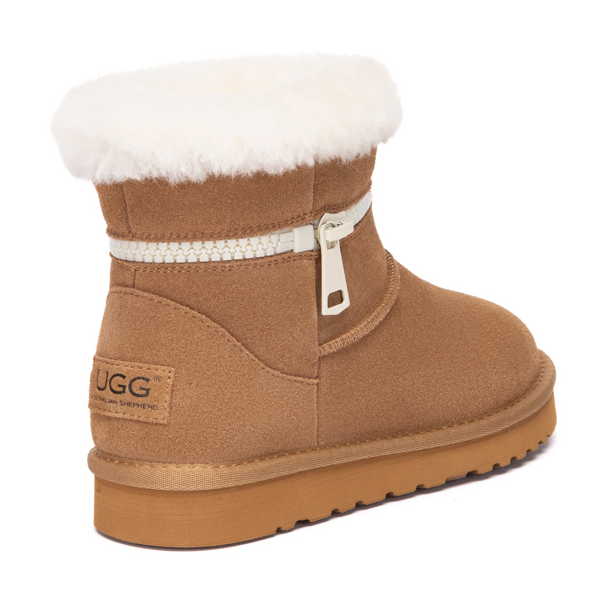 EverUgg Lynn Zip Mini ankle UGG boots for women, showcasing the stylish black leather shoes with side zipper detail.