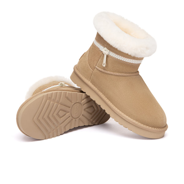 EverUgg Lynn Zip Mini Ankle UGG Boots for women, stylish black shoes with side zippers and cozy sheepskin lining.