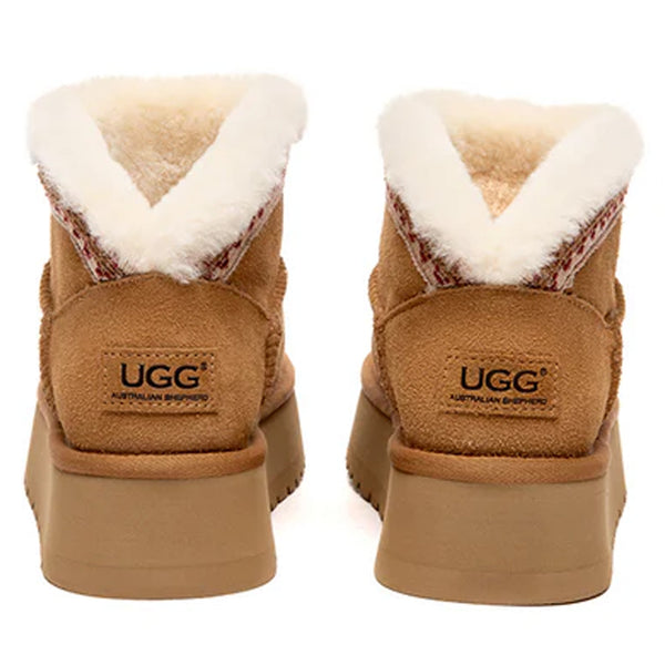 EverUgg Lyora Stitch Mini Platform UGG Boots showing beige leather with stitching details and chunky sole.