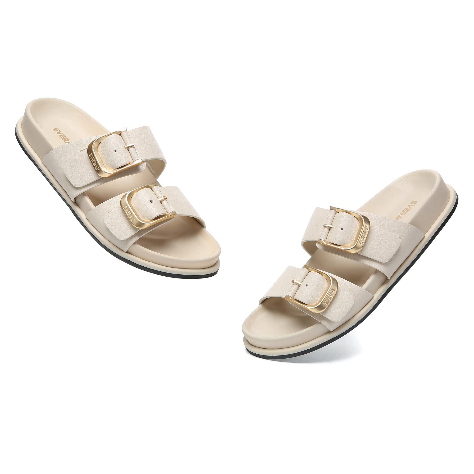 EverUgg Manisha Buckle Leather Sandals showing tan leather straps with buckle detail, open-toe design, and cushioned sole.