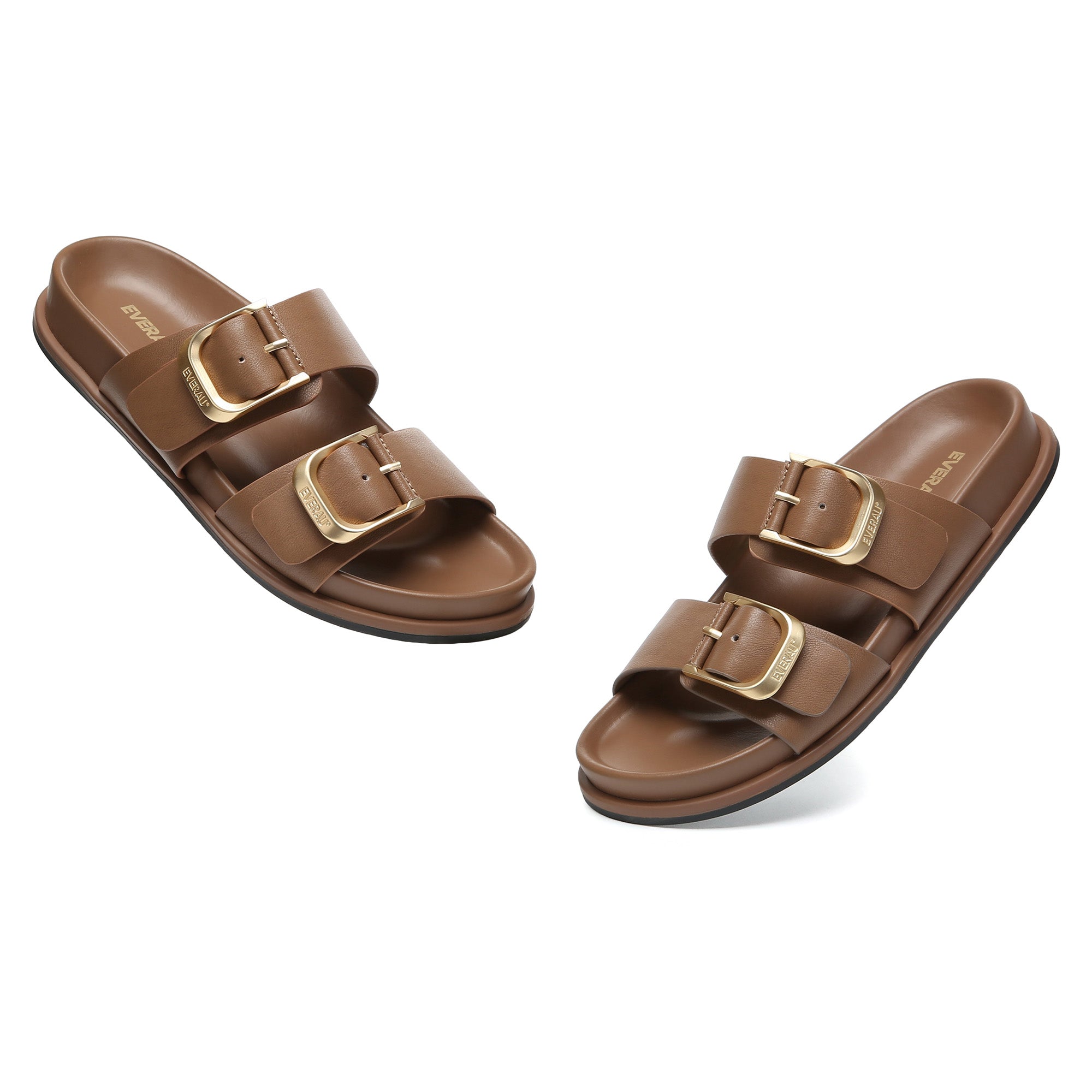 EverUgg Manisha Buckle Leather Sandals showing brown leather straps with metal buckle and open toe design.