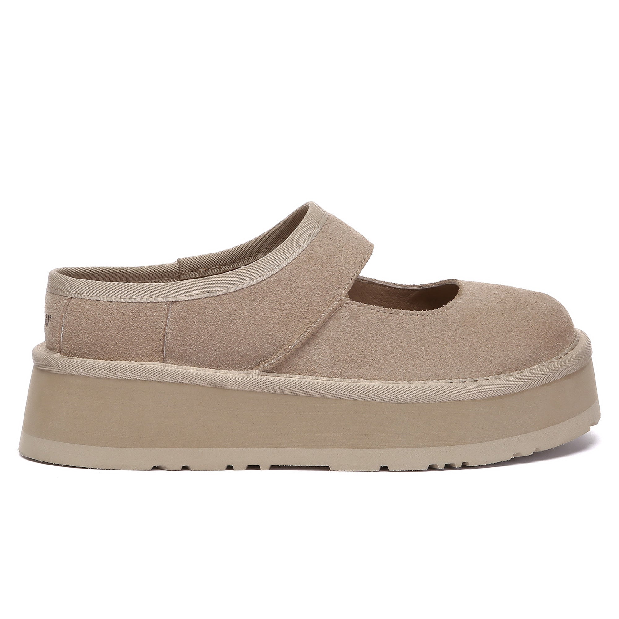 EverUgg Mary Jane platform slippers with rounded toe and ankle strap, featuring a comfortable slip-on design and textured sole.