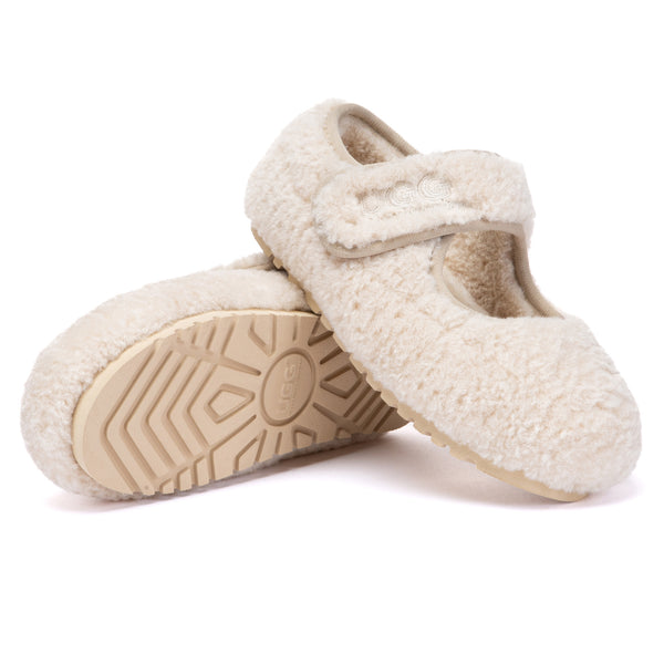 Kids Mary Jane TeddyCozy UGG slippers by EverUgg featuring soft plush material and a classic slip-on design for cozy comfort.