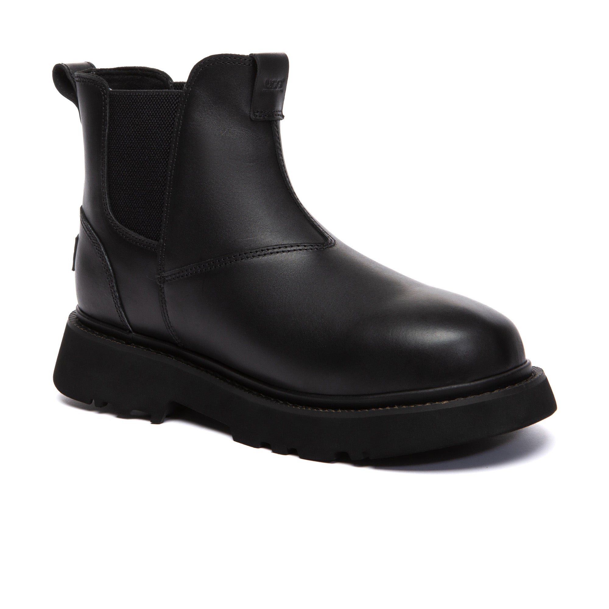 Men's black leather Chelsea boots by EverUgg featuring sleek design, elastic side panels, and polished leather finish.