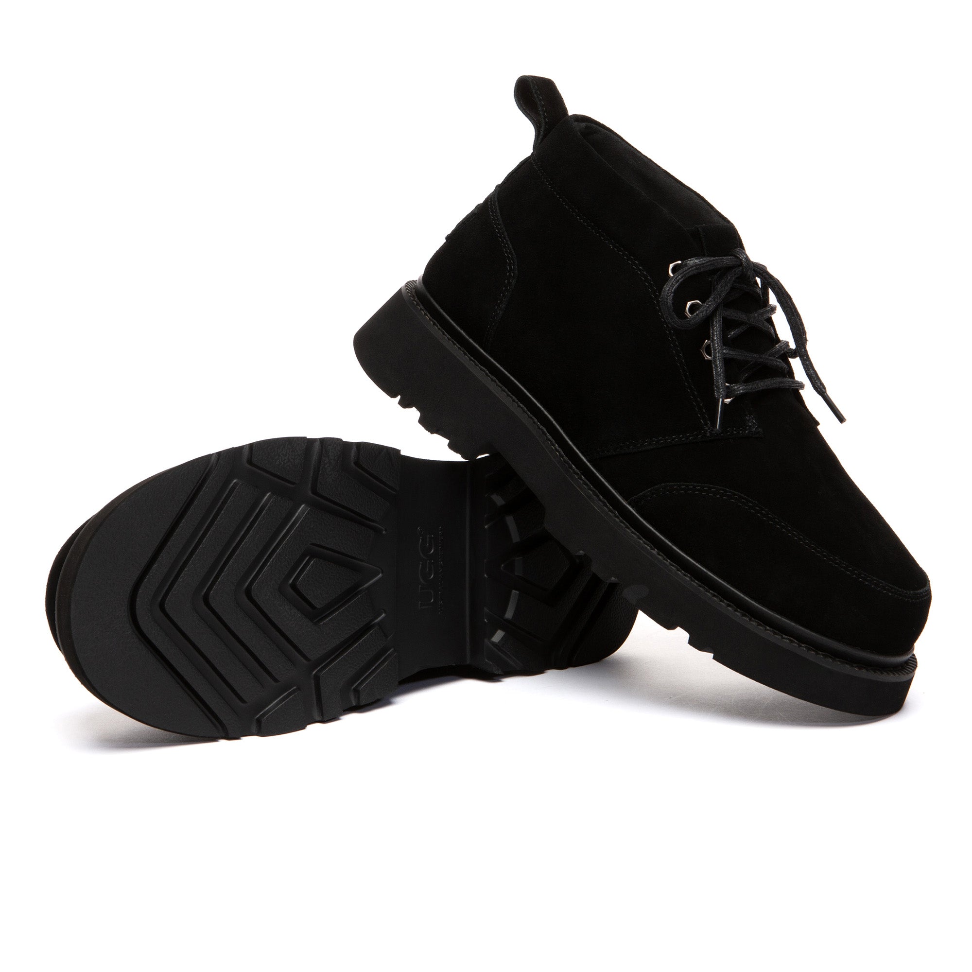 Men's casual lace-up ankle UGG chukka boots by EverUgg, showing brown leather uppers and rugged sole details.