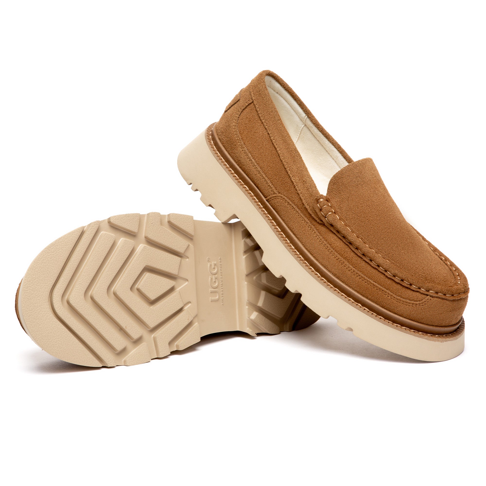 Men's casual UGG loafers in beige leather, featuring a slip-on design and cushioned sole, by EverUgg.