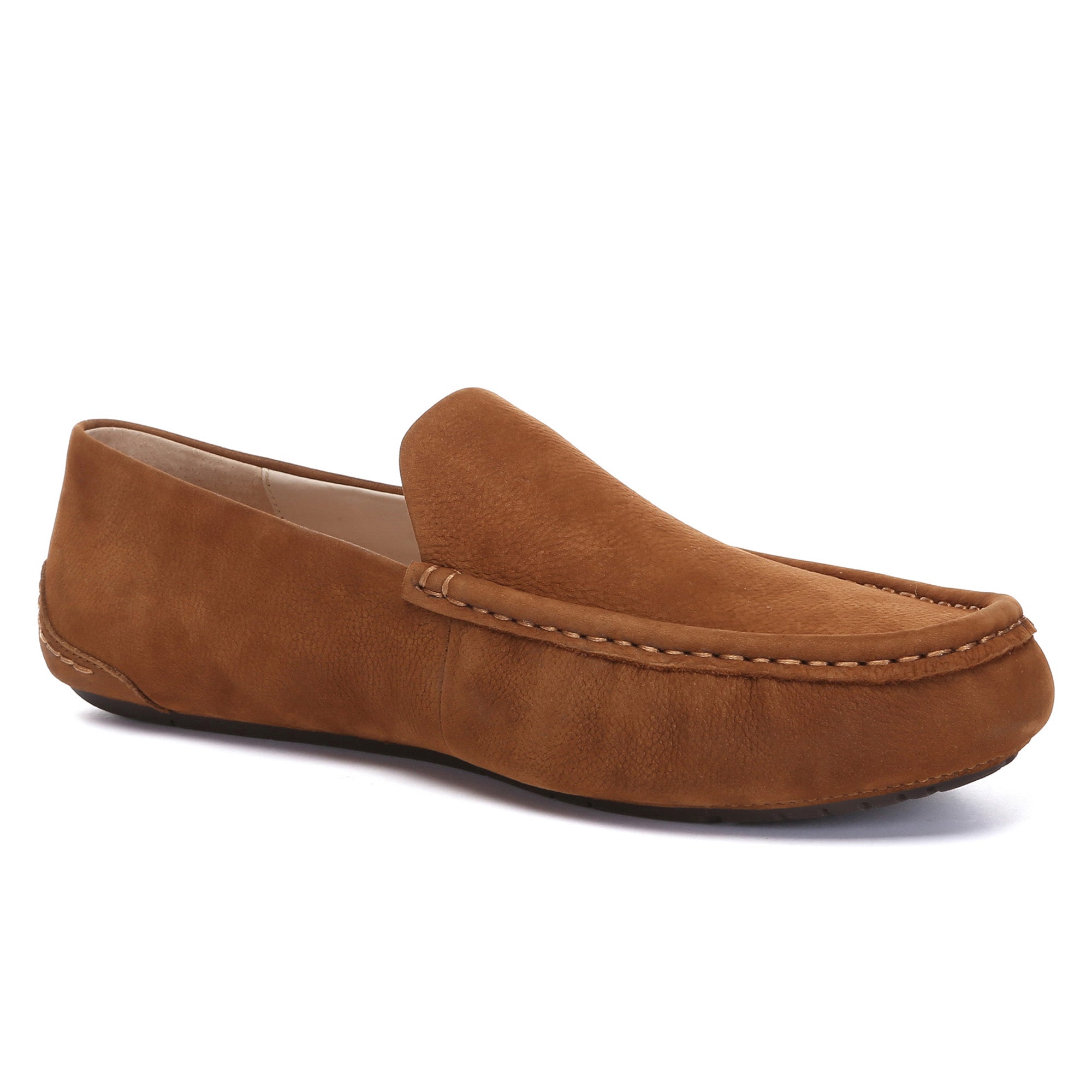 Men's EverUgg casual slip-on moccasin loafers in brown leather, featuring a comfortable flat design and stitched detailing.