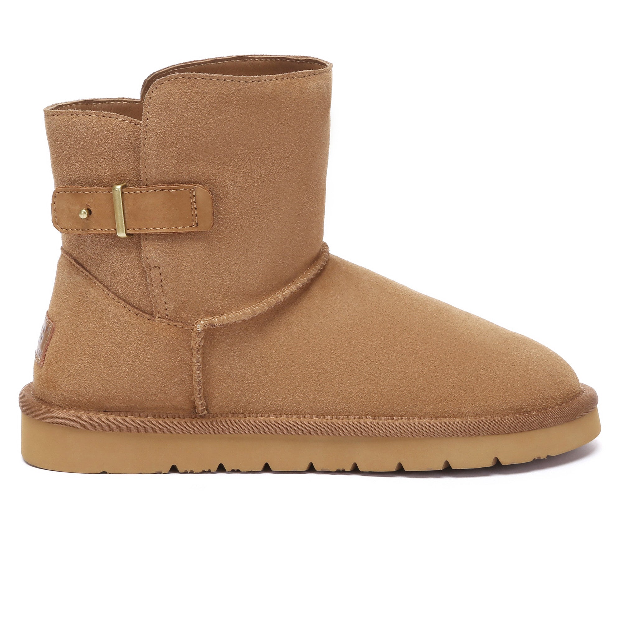EverUgg Mid-Calf Buckle Mini Classic UGG Boots with buckle accents and plush interior, shown on a model's legs.
