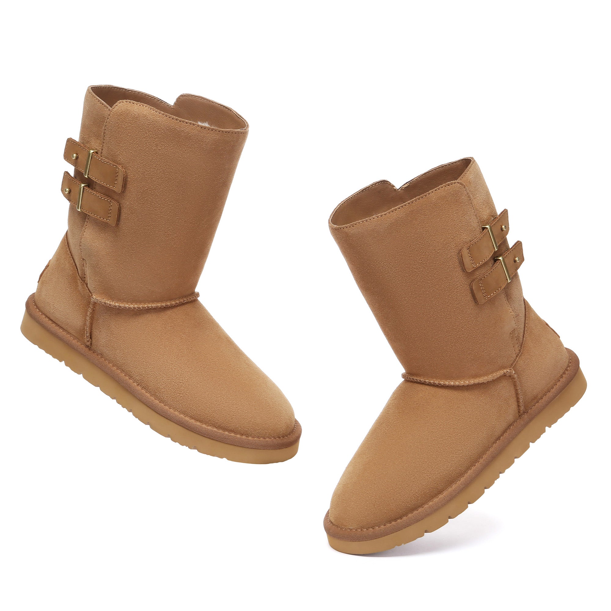 EverUgg mid-calf buckle short classic UGG boots in neutral color with buckle details and cozy shearling lining.