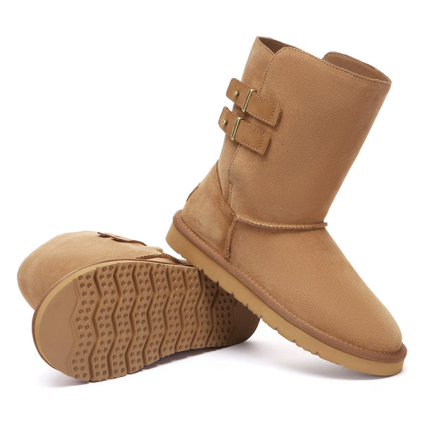 Mid-calf EverUgg buckle short classic UGG boots with buckle accents and cozy shearling lining, stylish and comfortable footwear.