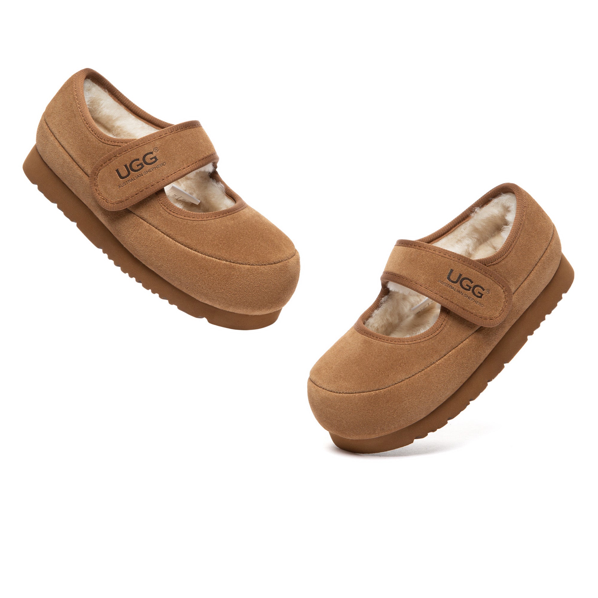 Kids' Millie Mary Jane UGG slippers by EverUgg featuring pink suede material and adjustable strap for comfortable wear.