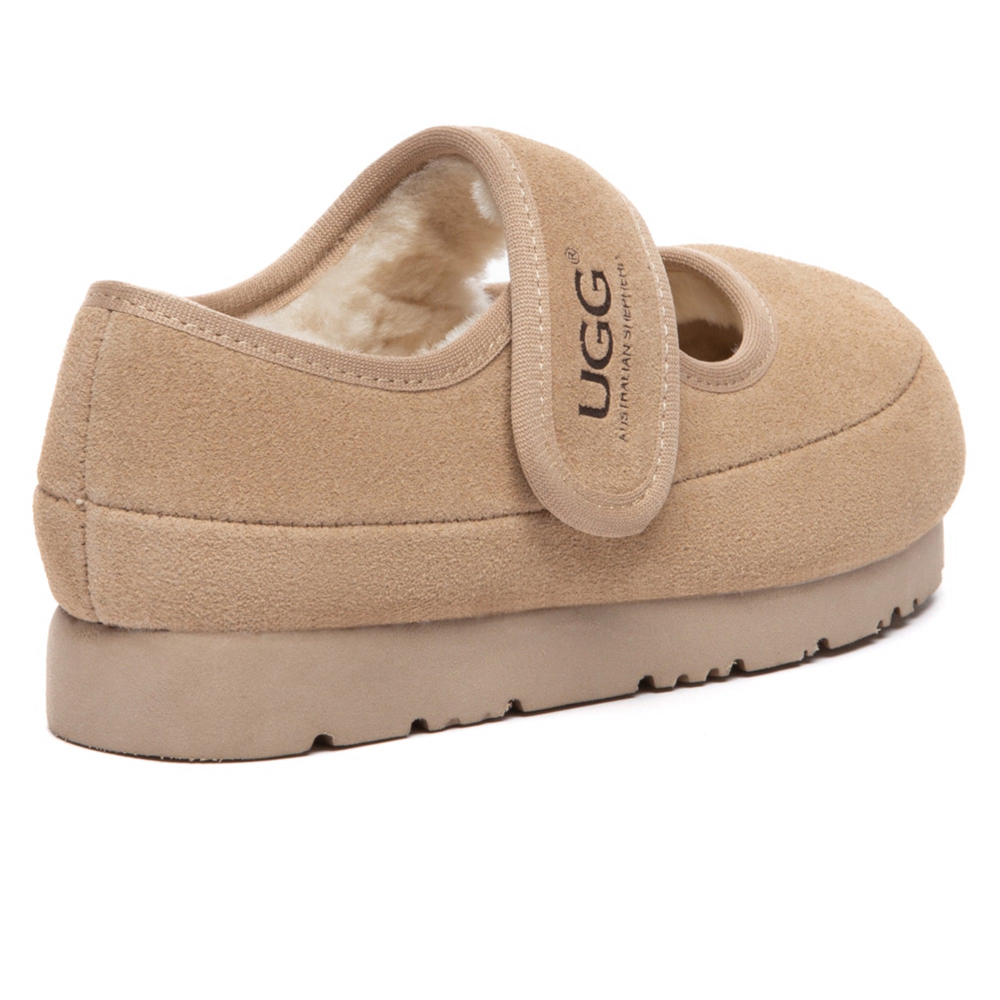 Kids' Millie Mary Jane UGG slippers from EverUgg with soft pink faux fur lining and classic slip-on style.