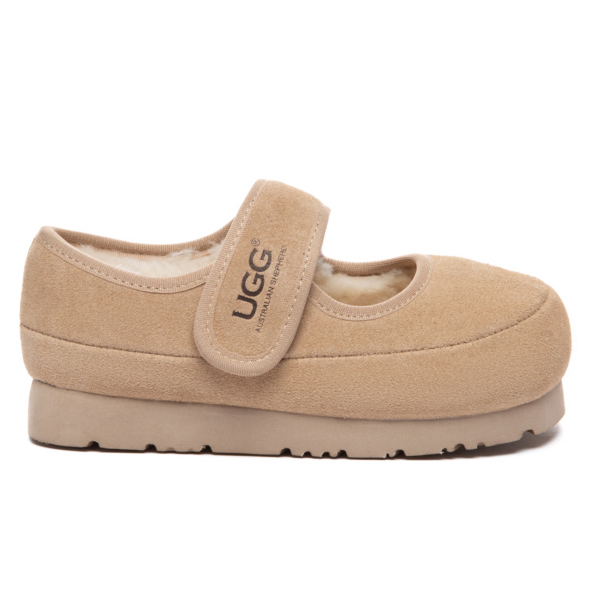 Kids' Millie Mary Jane UGG slippers by EverUgg featuring soft pink fabric and a classic Mary Jane strap for comfort.