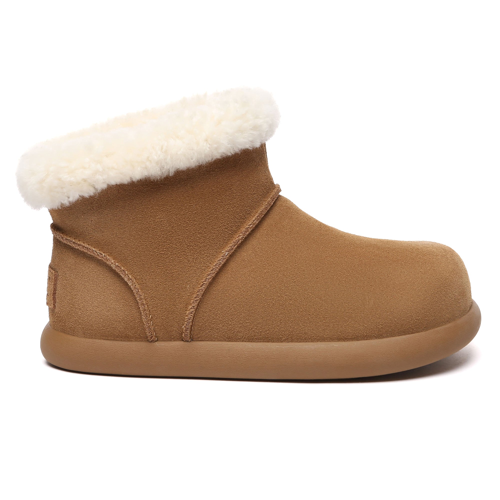 EverUgg Mini Ankle Classic UGG Boots for women, showing beige suede exterior and cozy shearling lining.