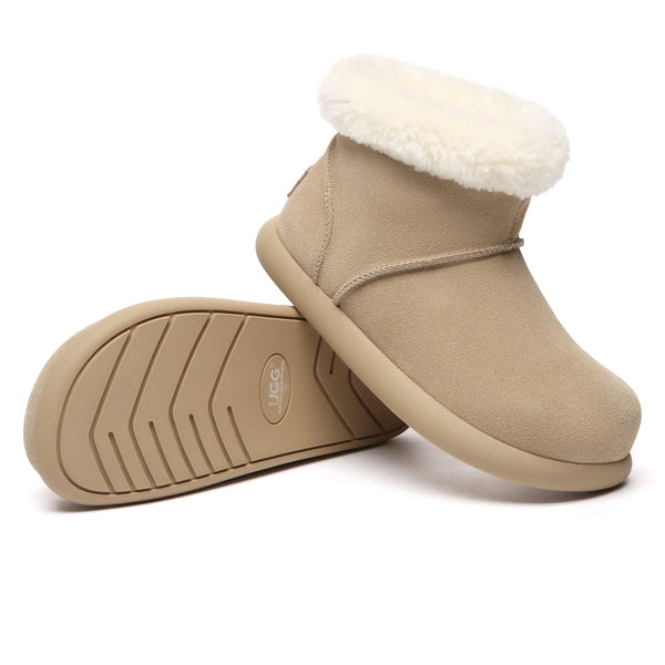 EverUgg Mini Ankle Classic UGG Boots showing their soft, plush interior and stylish beige suede exterior.