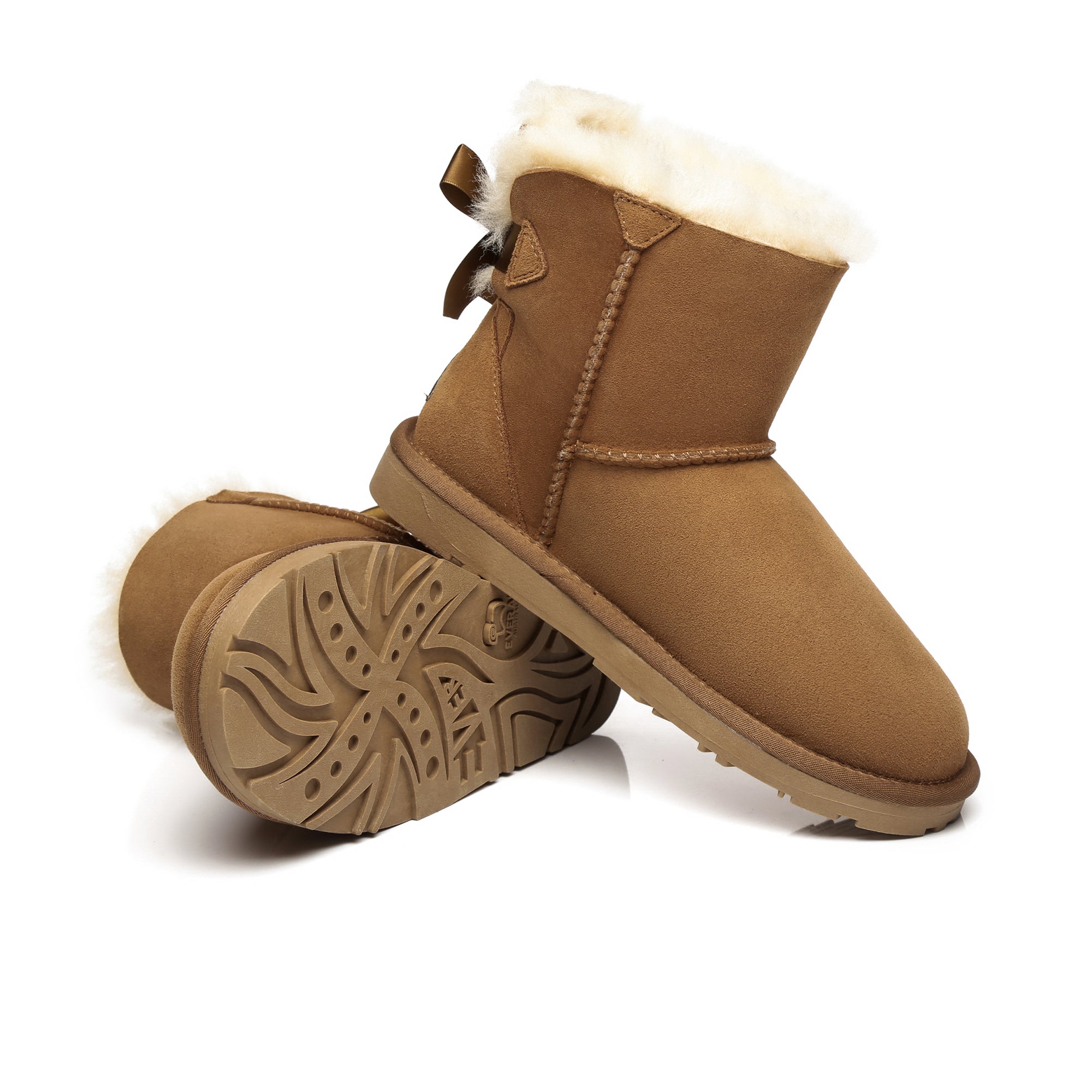 EverUgg Mini Back Bow UGG Boots in neutral color with back bow detail and cozy shearling lining, stylish and comfortable footwear.