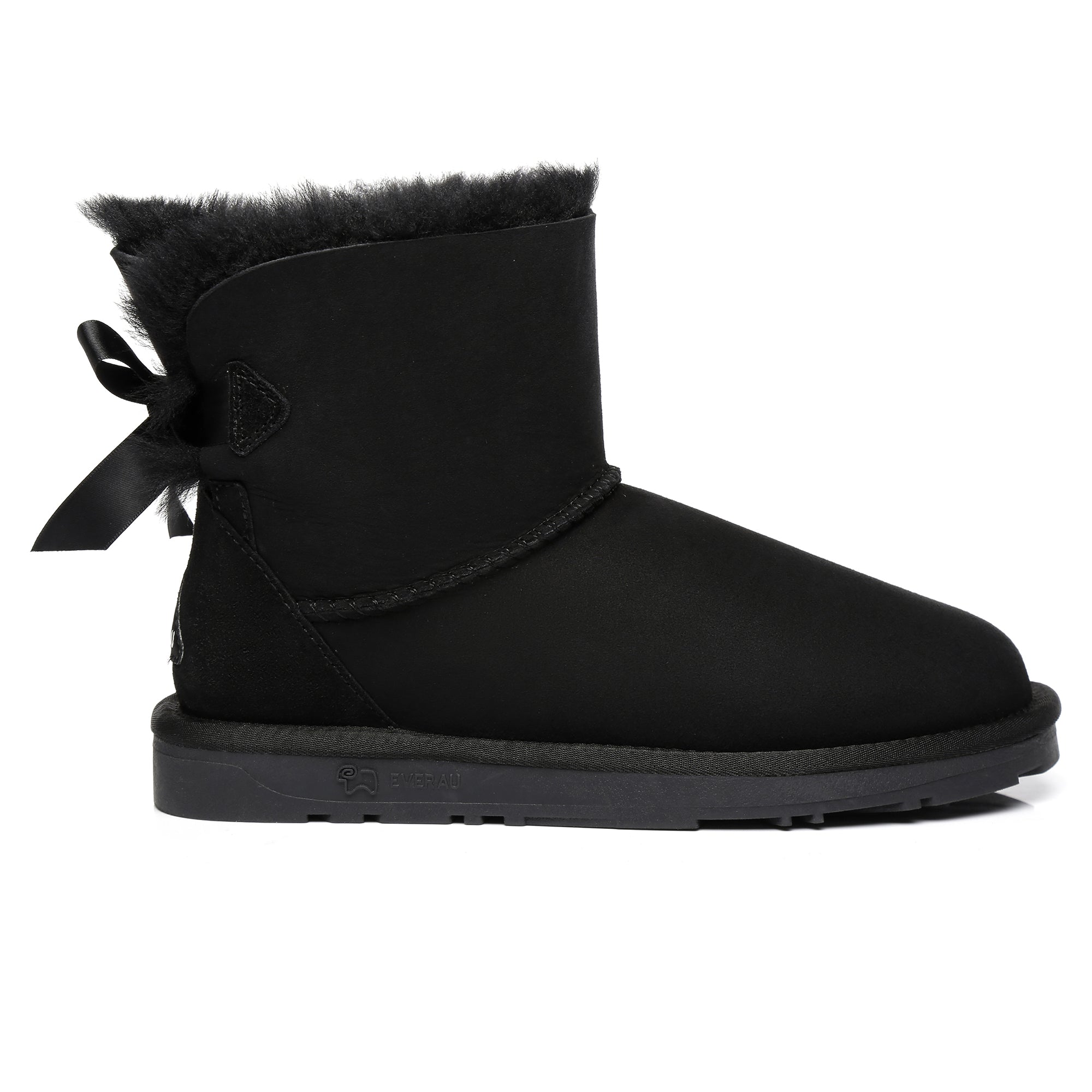 EverUgg Mini Back Bow UGG Boots showing the stylish black leather design with a prominent back bow detail.