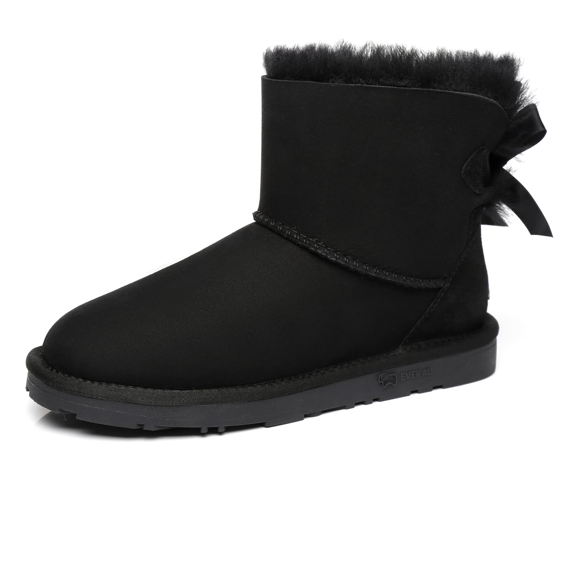 EverUgg Mini Back Bow UGG Boots showing a cozy black leather design with front bow detail and plush lining.