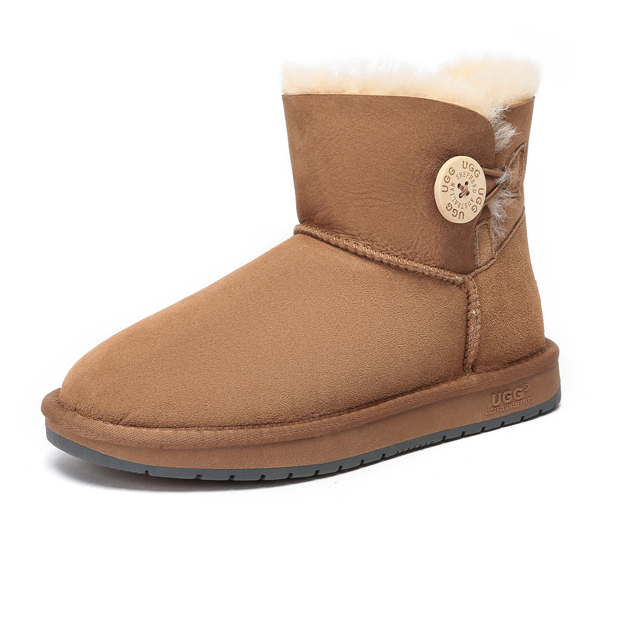 Mini Button UGG Boots for women by EverUgg, featuring classic design and button details, shown in chestnut color.