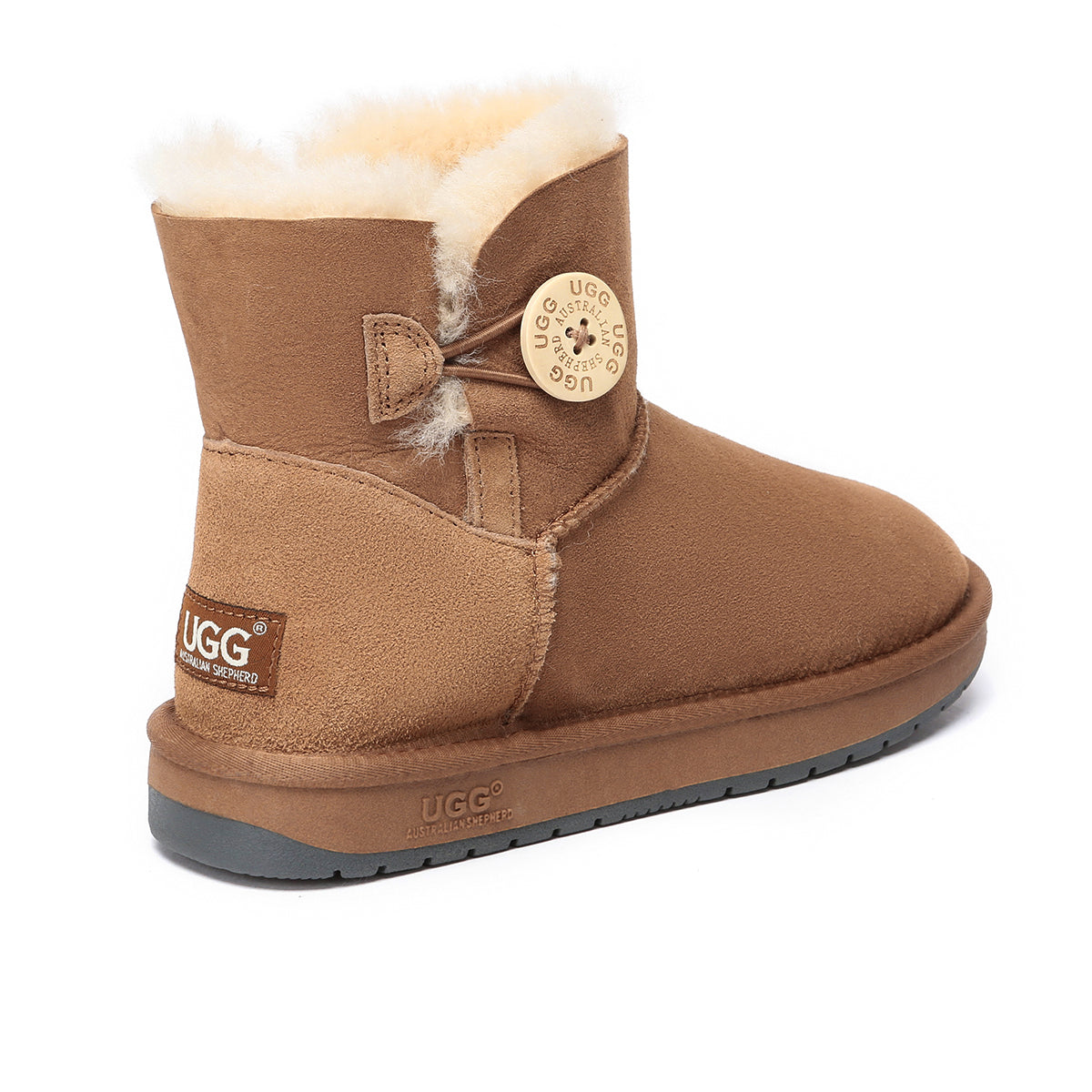 EverUgg Mini Button UGG Boots for women, classic sheepskin shoes with button details and cozy interior, stylish winter footwear.