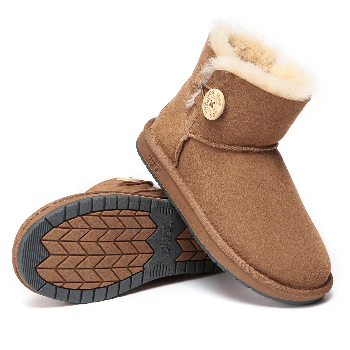 EverUgg Mini Button UGG boots for women featuring classic design and button accents, shown in chestnut color.