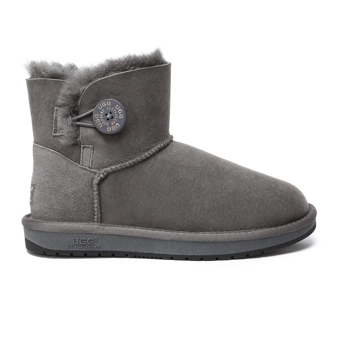 Grey EverUgg Mini Button UGG boots for women, classic UGG shoes with button details and cozy fur lining.