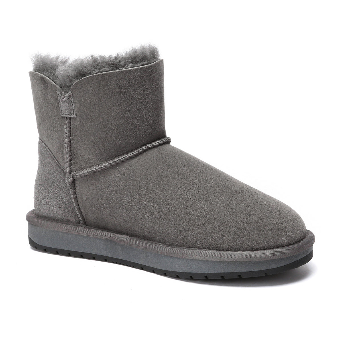Grey mini button UGG boots for women by EverUgg, classic UGG shoe style with button details and soft, cozy texture.