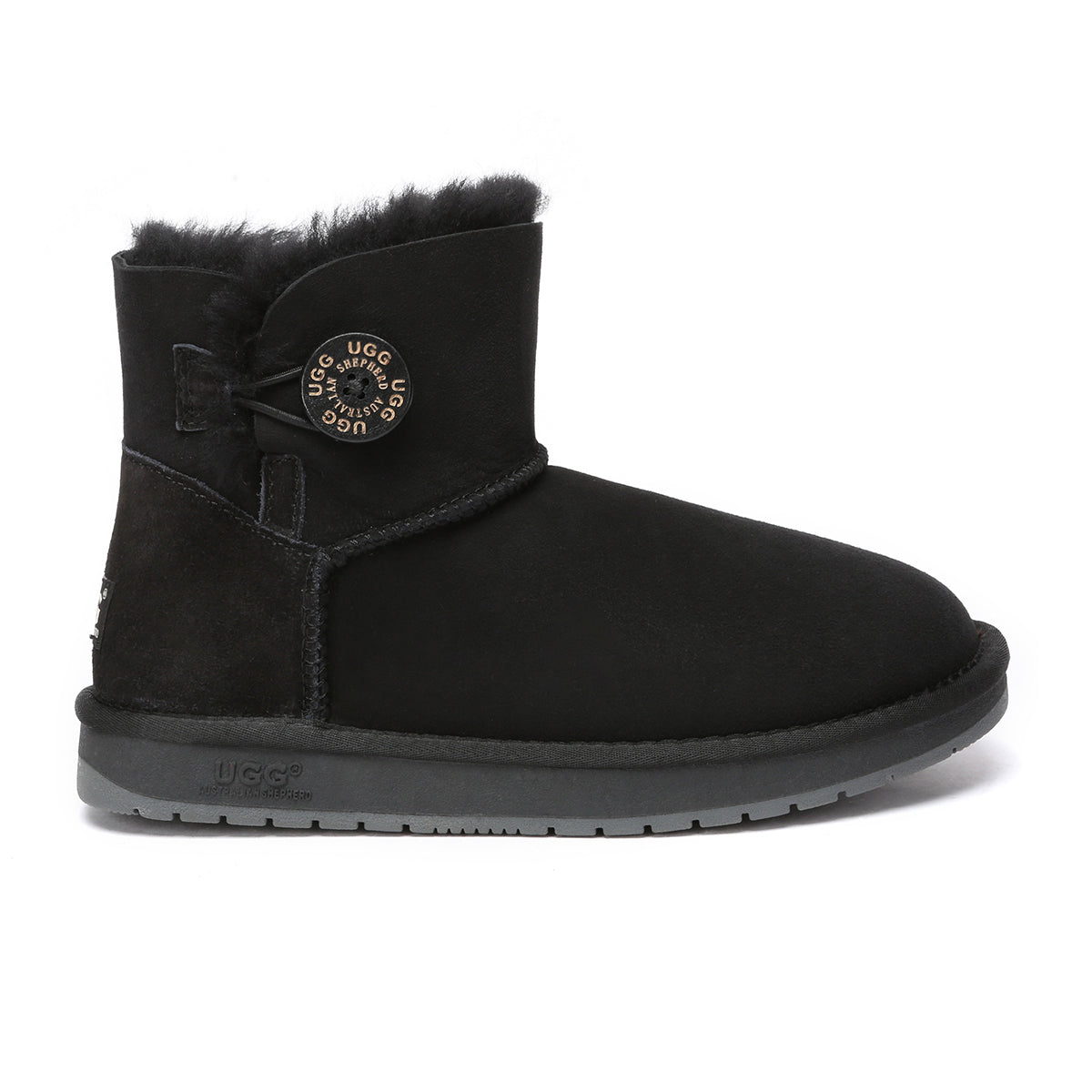 Black Mini UGG boots for women by EverUgg with classic button accents, casual ankle shoes made from soft, cozy material.