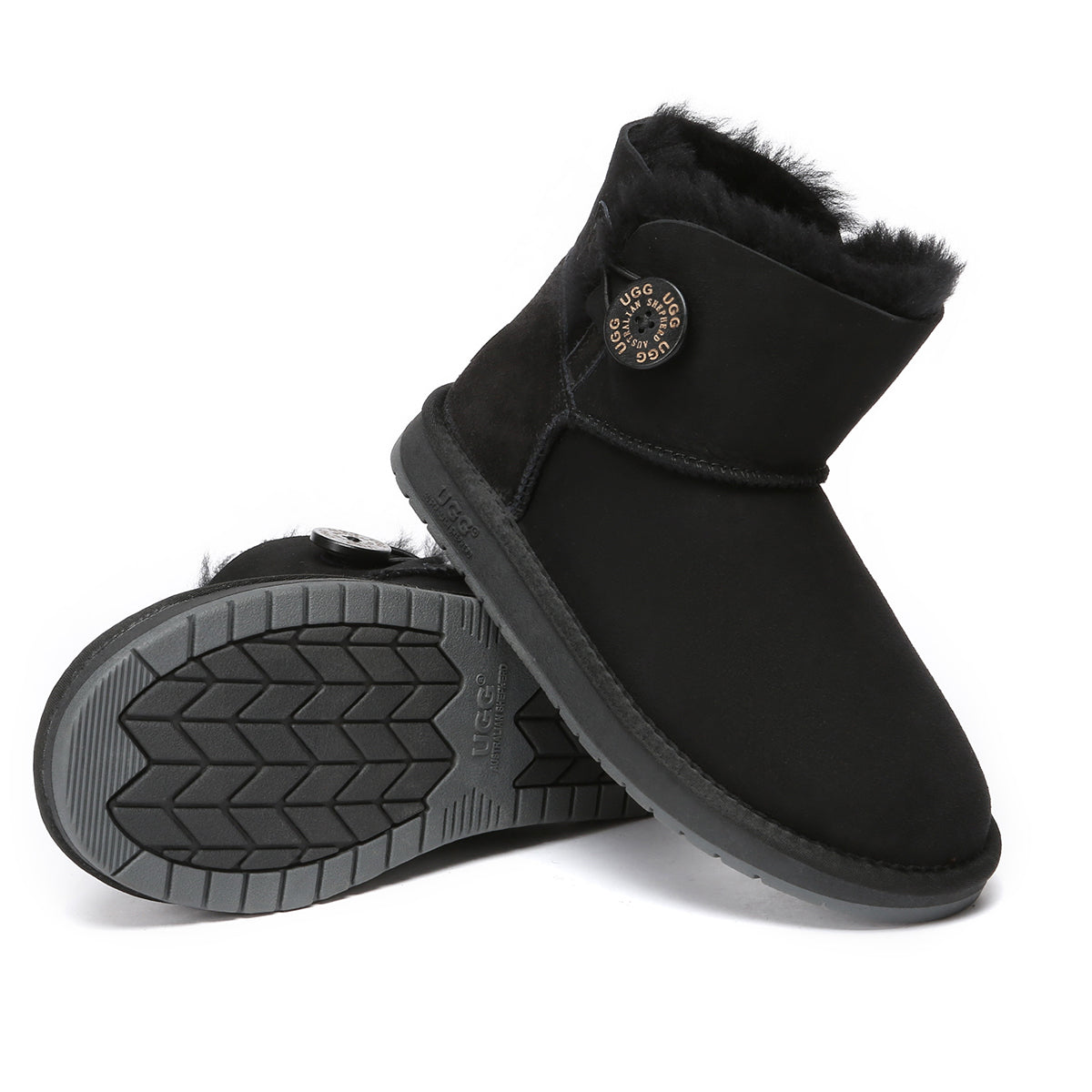 Black Mini Button UGG Boots by EverUgg featuring classic sheepskin lining and button accents, designed for stylish women.