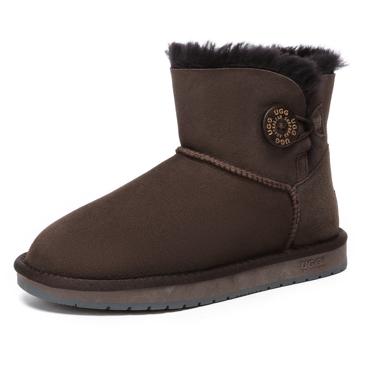 Chocolate Mini Button UGG Boots for women by EverUgg, featuring classic design with button accents and cozy sheepskin lining.