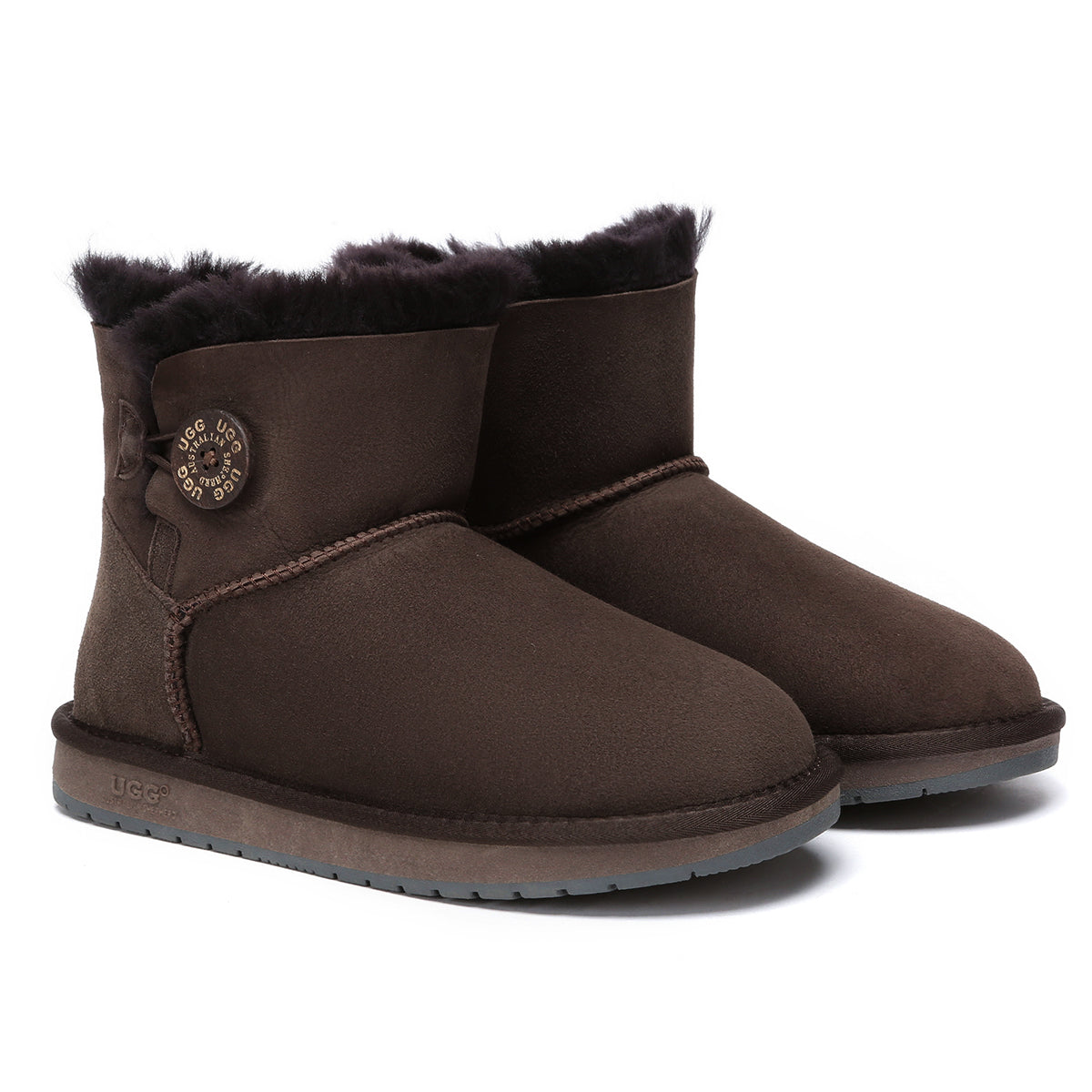 Chocolate Mini Button UGG Boots for women by EverUgg, featuring classic design and button accents, shown from the side.