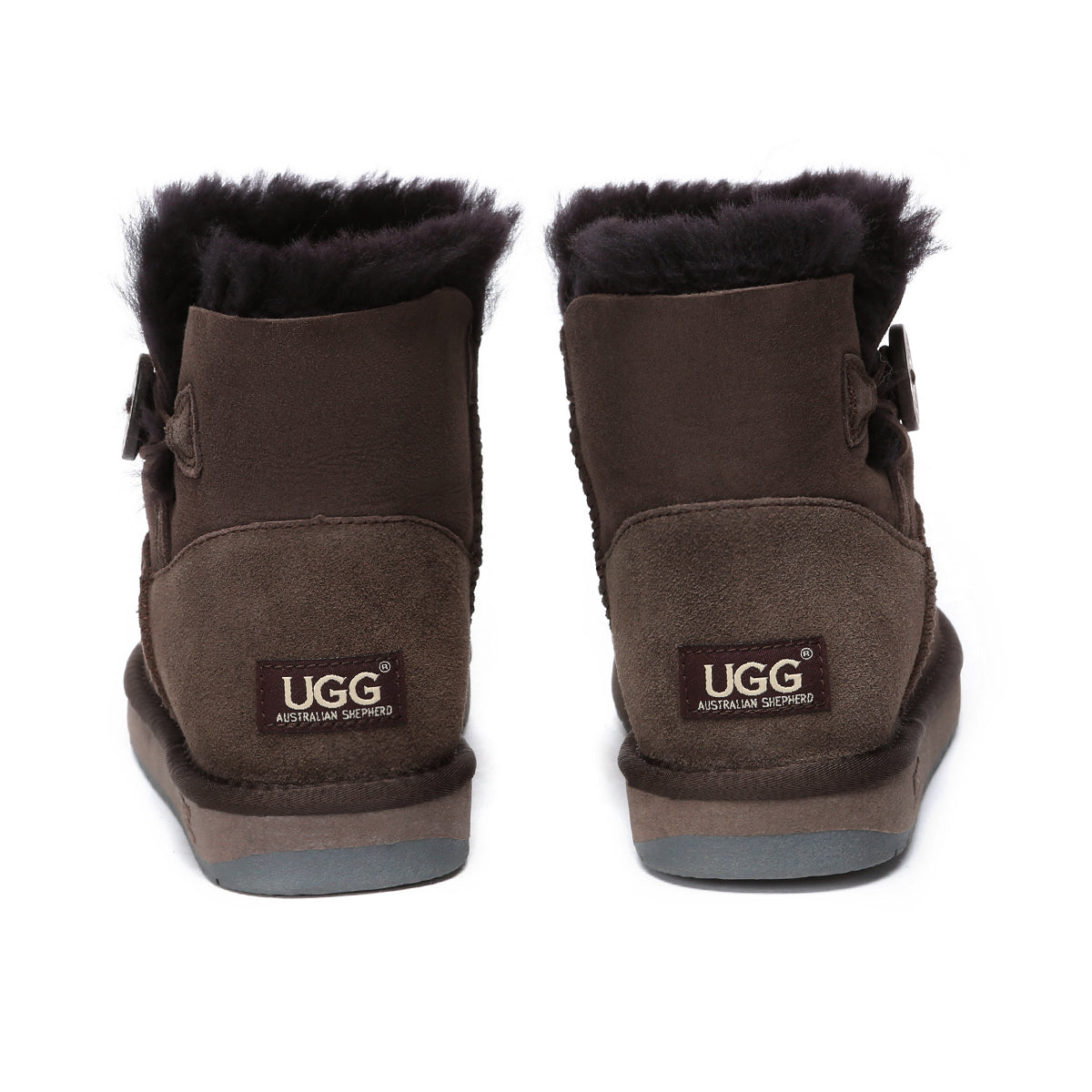 Choc-colored Mini Button UGG Boots for women by EverUgg, showcasing the classic UGG shoe design with button accents.
