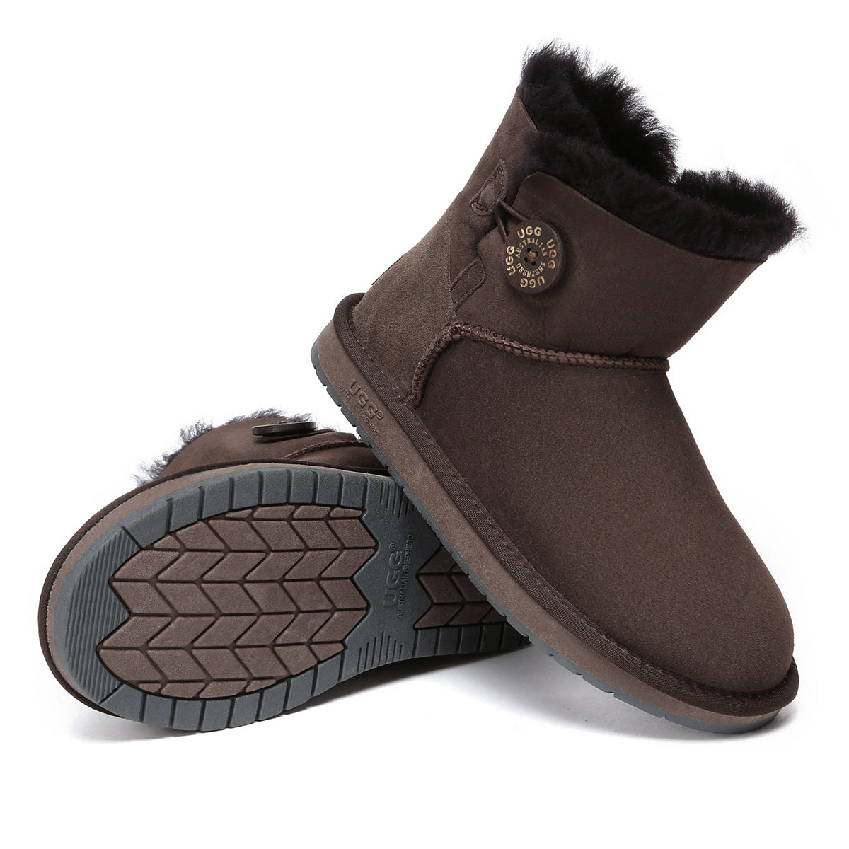 Chocolate mini button UGG boots for women by EverUgg featuring classic design and decorative buttons, casual winter footwear.