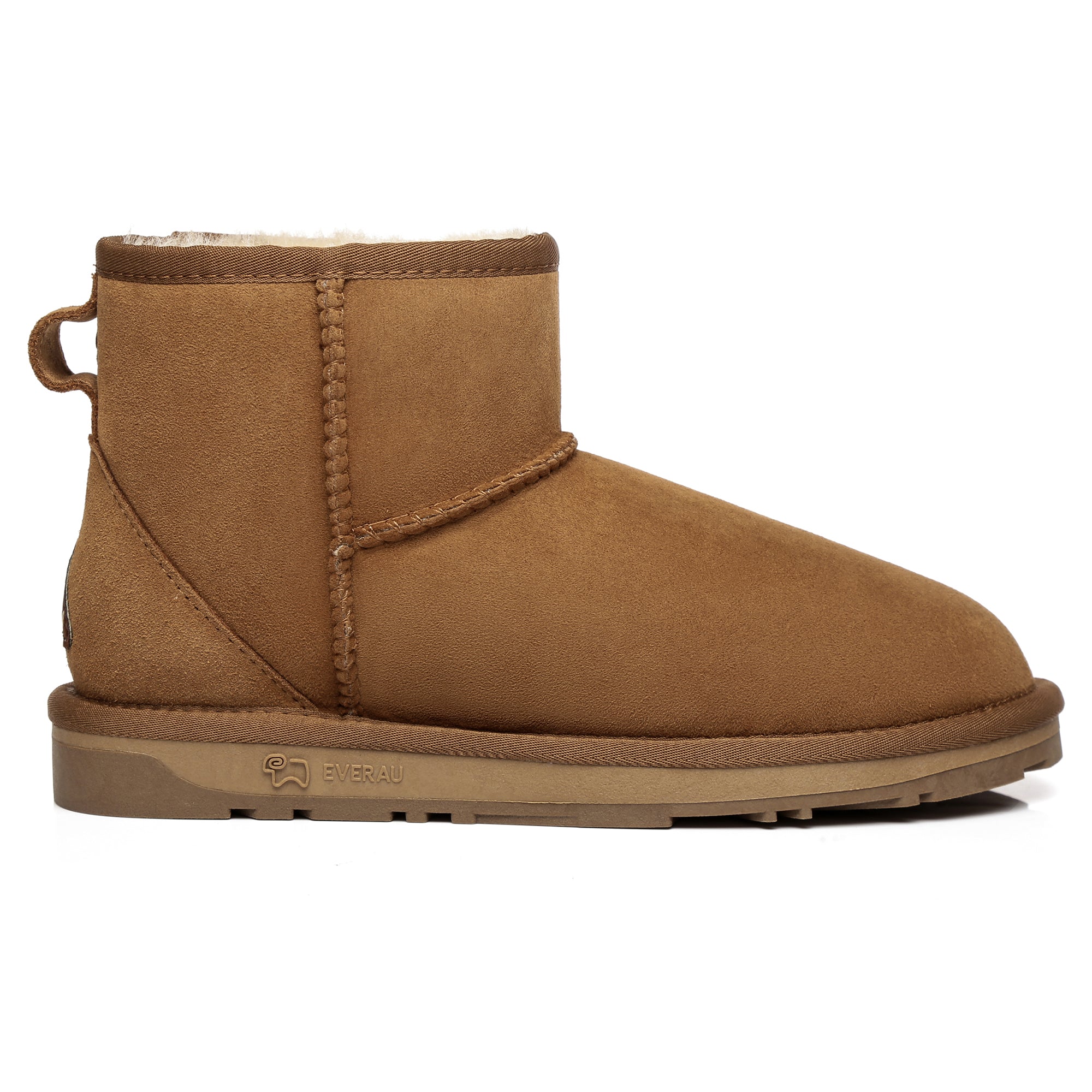 EverUgg Mini Classic Sheepskin UGG Boots for women, cozy tan footwear with plush sheepskin lining and durable rubber sole.