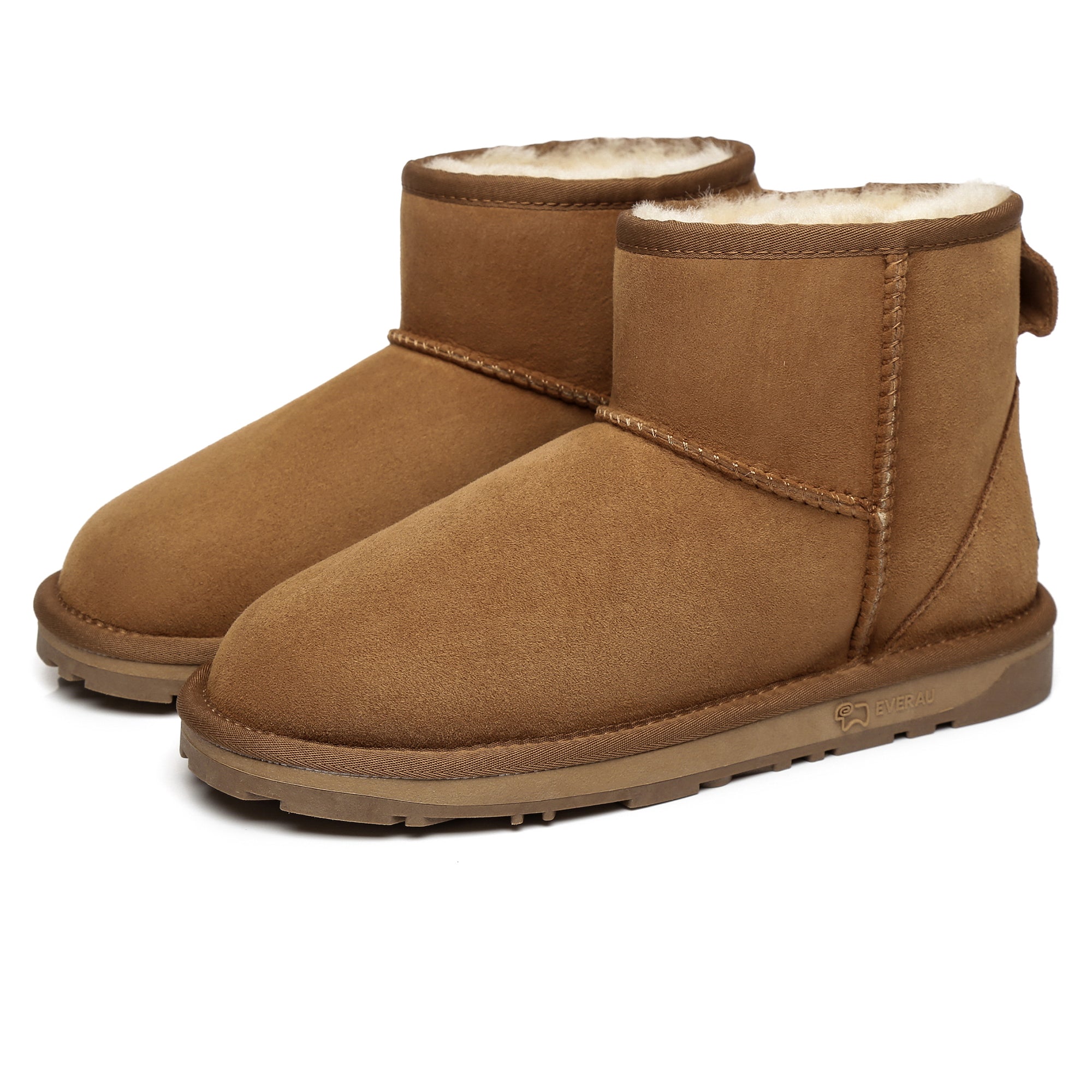 EverUgg Mini Classic Sheepskin UGG Boots for women, beige with fuzzy interior, showcasing soft sheepskin exterior and classic design