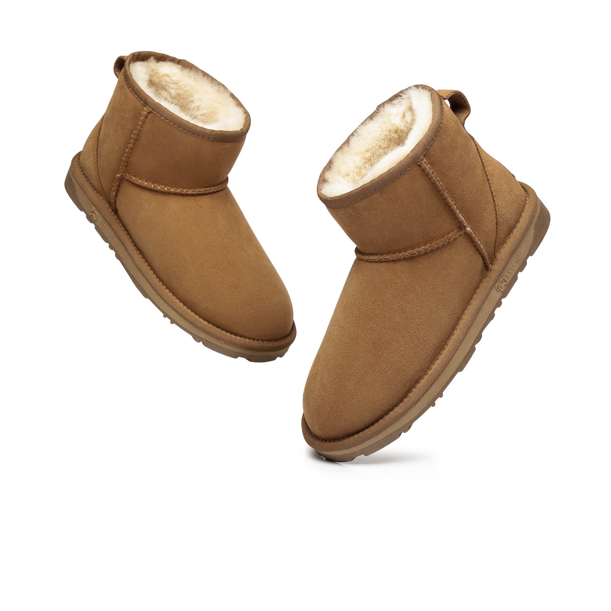 EverUgg Mini Classic Sheepskin UGG boots for women, featuring soft sheepskin lining and tan suede exterior.