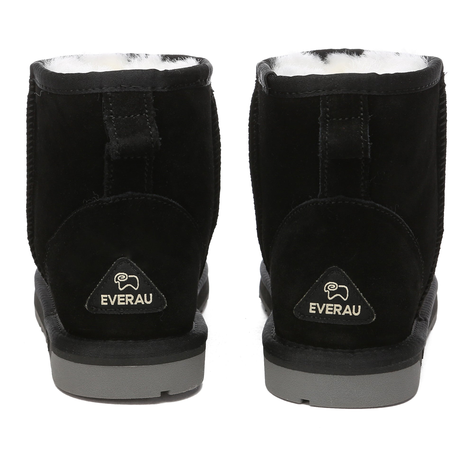 Black mini classic UGG boots by EverUgg with soft sheepskin lining and suede exterior, ideal for cozy winter wear.