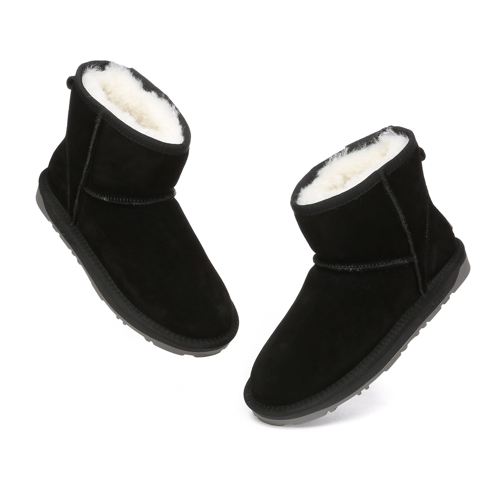Black Mini Classic UGG Boots by EverUgg with sheepskin lining and suede exterior, displayed on a plain background.