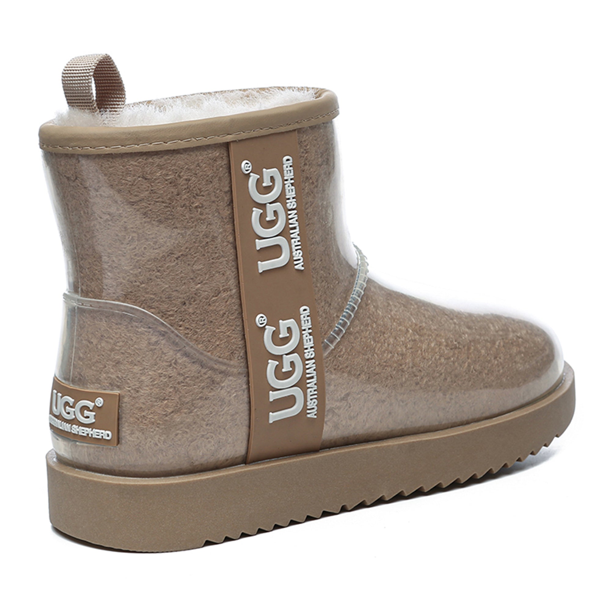 Mini clear waterproof UGG boots by EverUgg featuring transparent design and durable waterproof material.