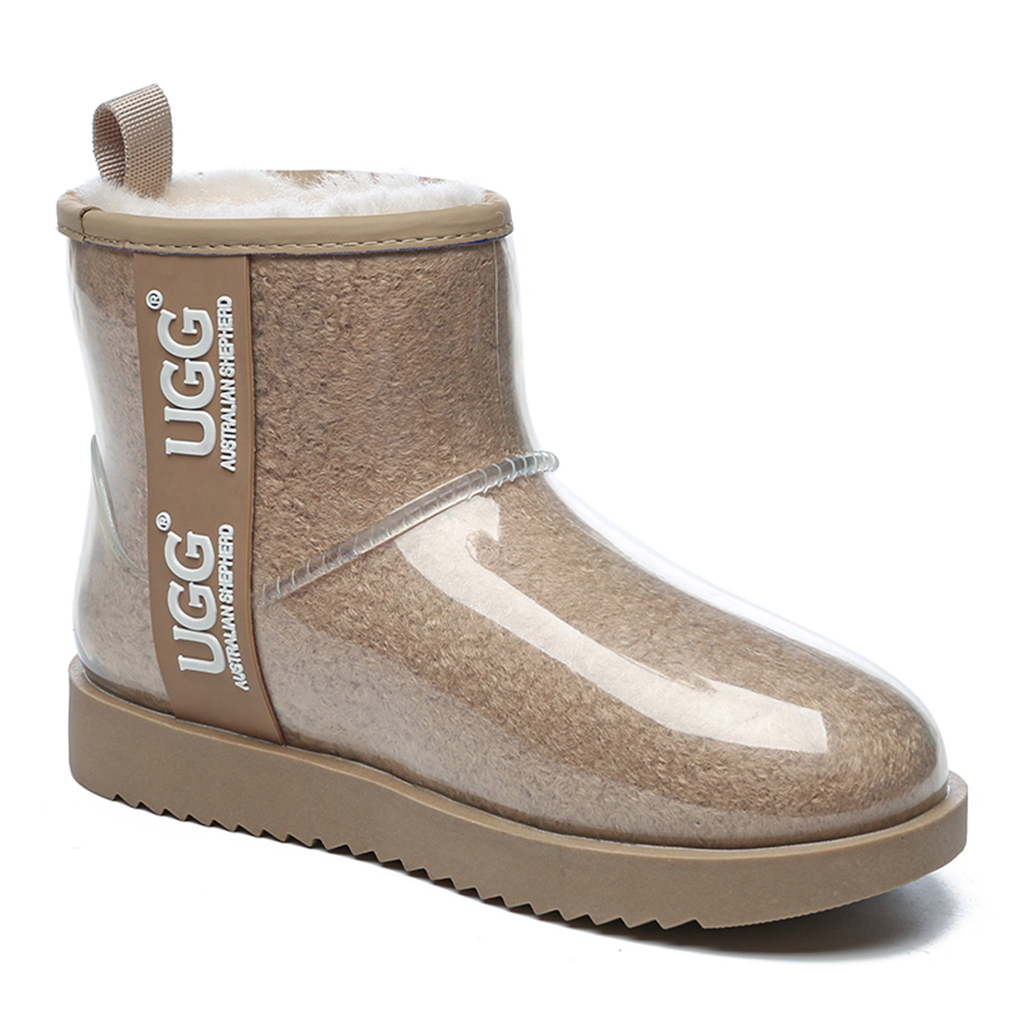 Mini clear waterproof UGG boots by EverUgg with transparent waterproof material and cozy interior.