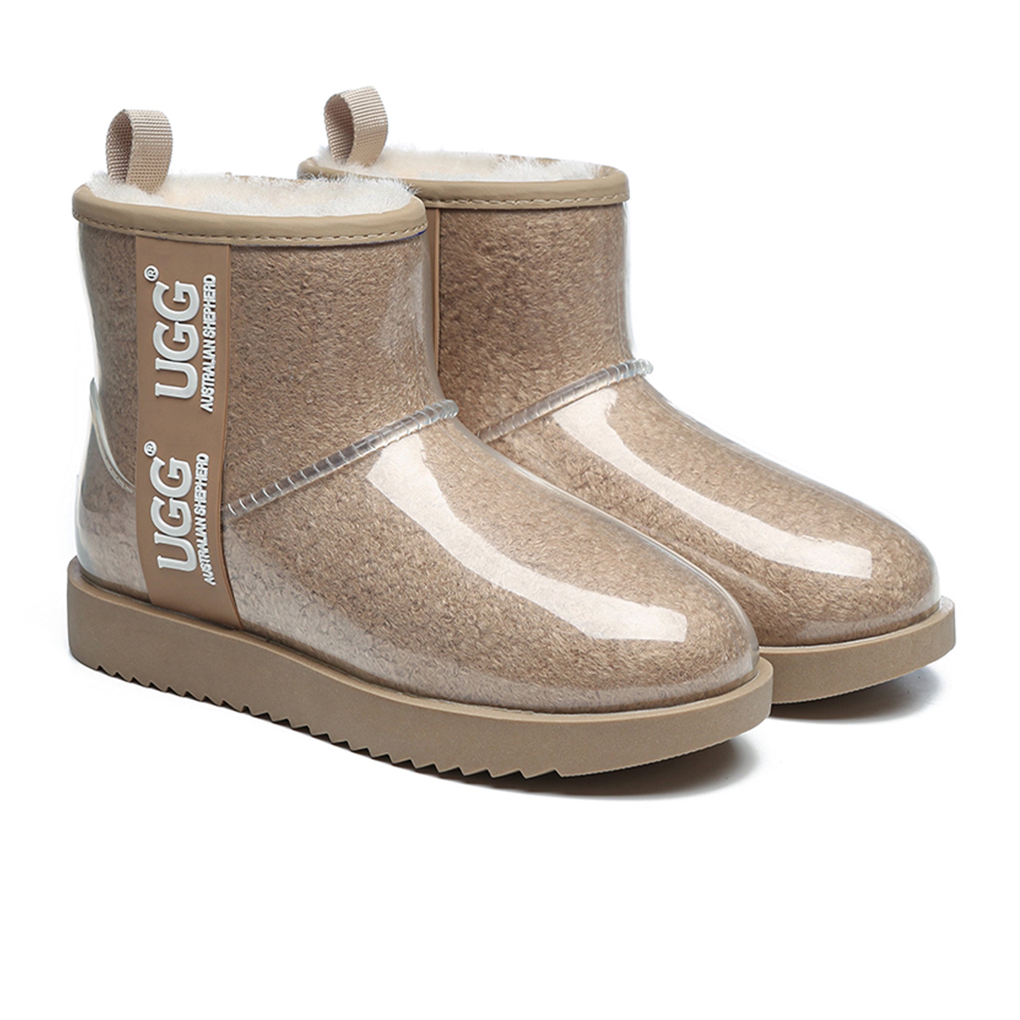 Mini clear waterproof UGG boots by EverUgg featuring transparent waterproof material and classic ankle boot design.