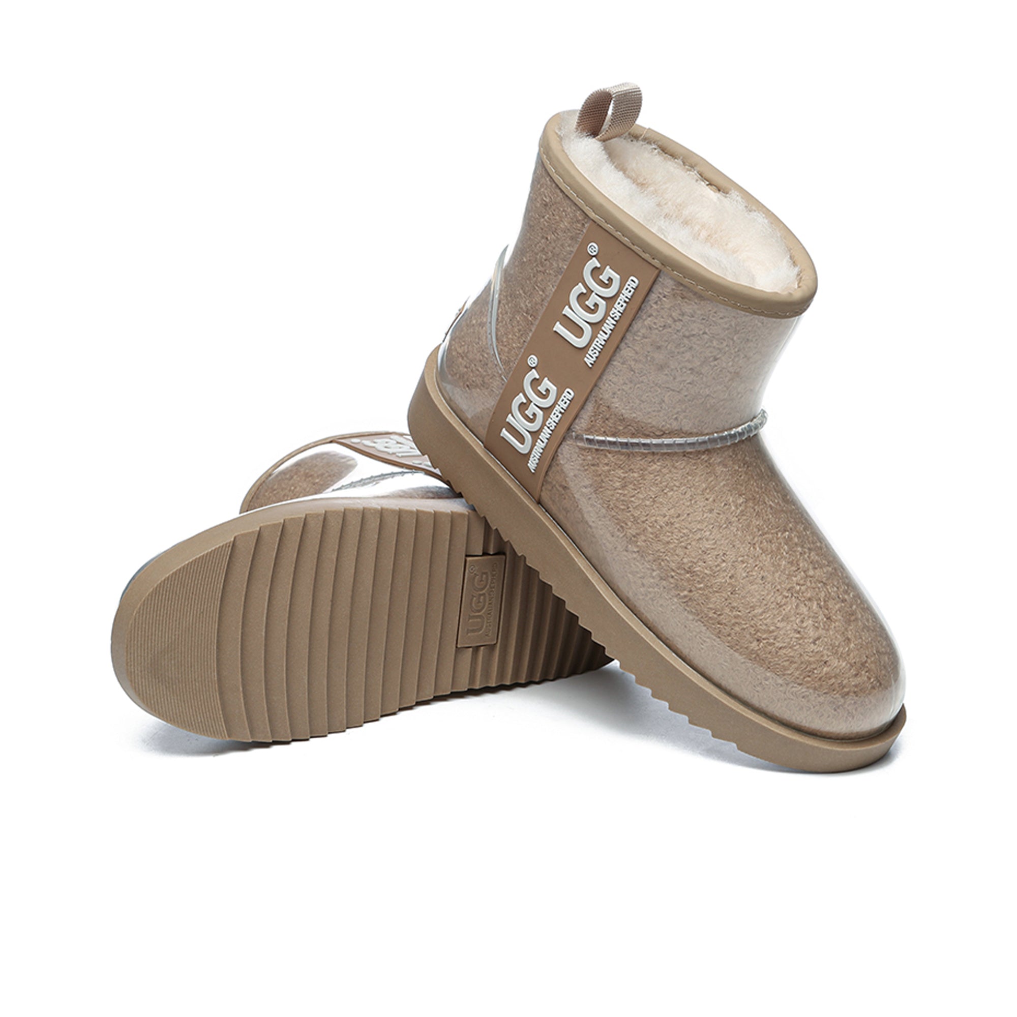 Mini clear waterproof UGG boots by EverUgg featuring transparent material and a cozy sole, perfect for wet weather.