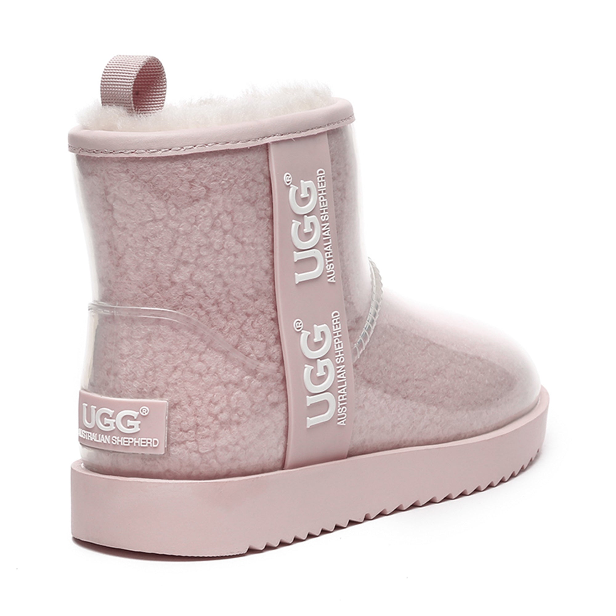 Mini clear waterproof UGG boots by EverUgg featuring transparent PVC material and classic UGG boot silhouette.