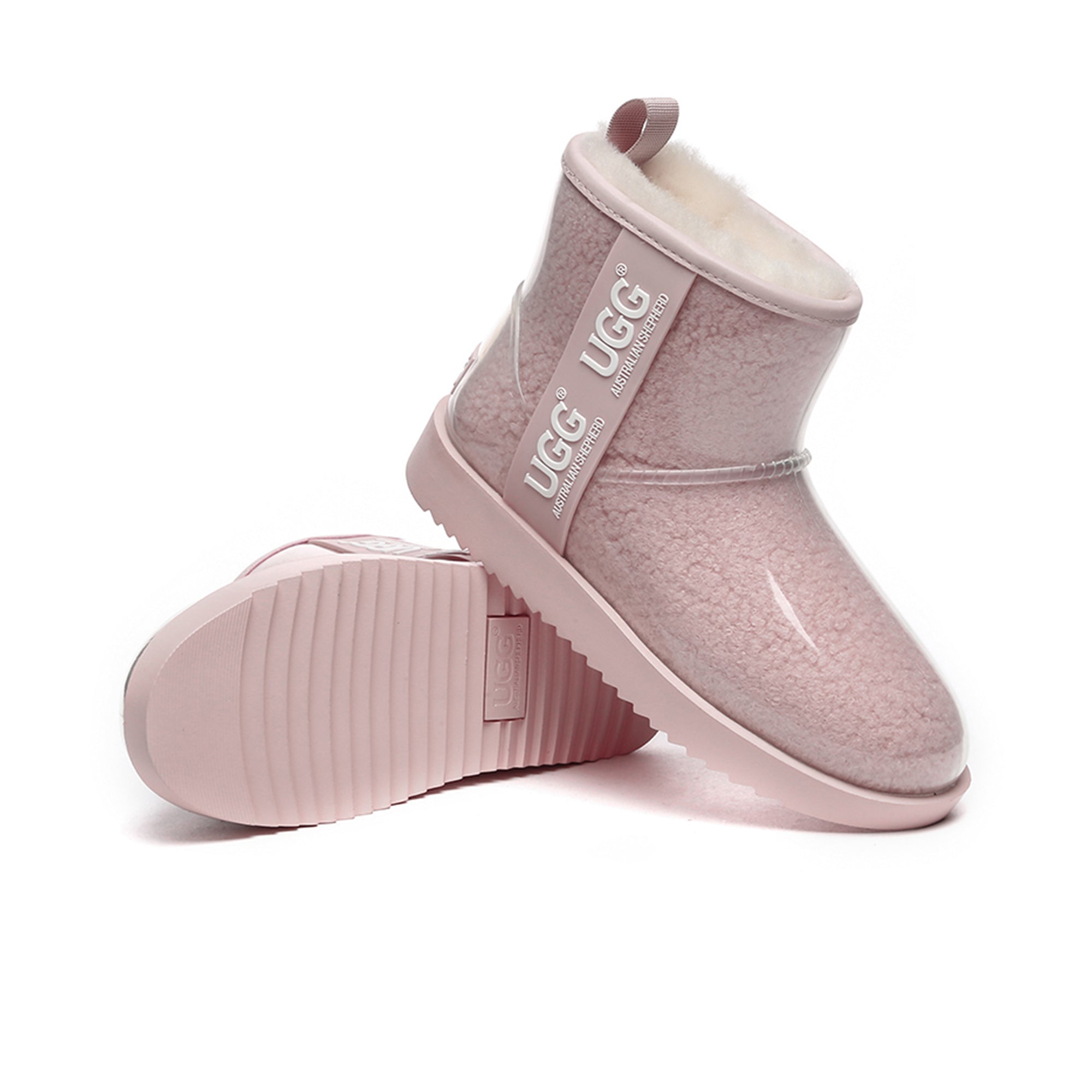 Mini clear waterproof UGG boots by EverUgg featuring transparent design and waterproof material for stylish protection.