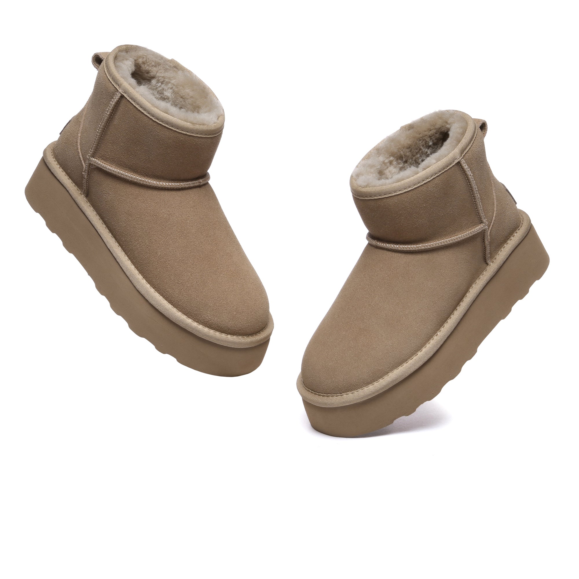 EverUgg Mini Premium UGG platform boots showing black leather shoes with chunky soles and fur lining.