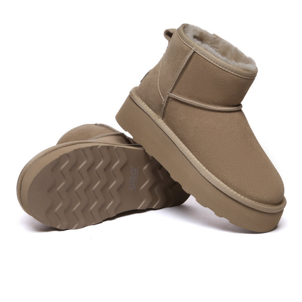 EverUgg Mini Premium UGG Platform Boots showing beige leather shoes with thick soles and ankle height, stylish and comfortable footwear.