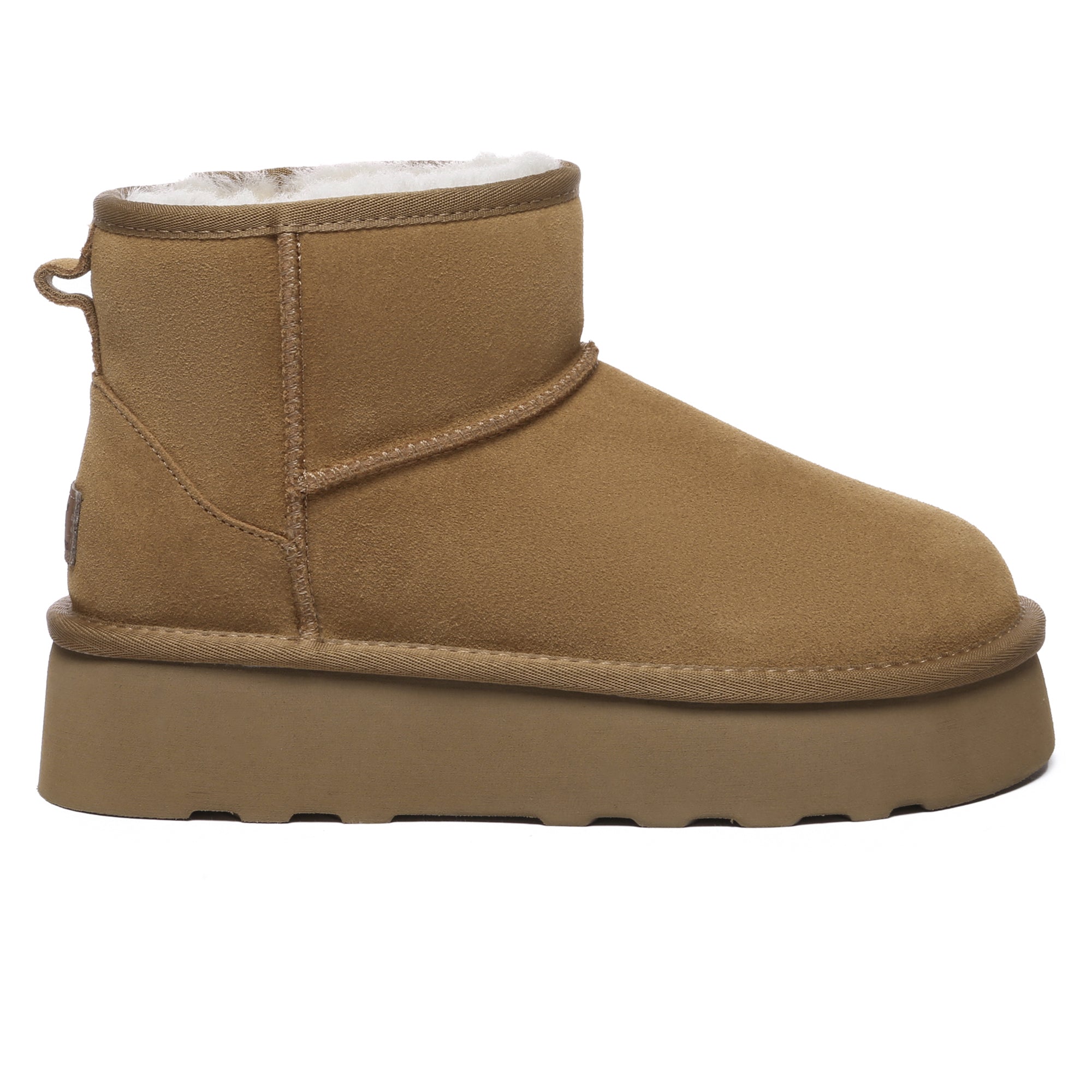 EverUgg Mini Premium UGG platform boots showing black suede shoes with chunky soles and ankle height.