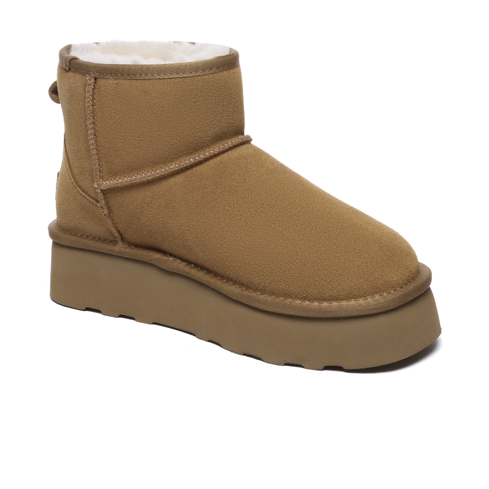 EverUgg Mini Premium UGG platform shoes with brown leather upper and thick rubber sole, stylish and comfortable footwear.