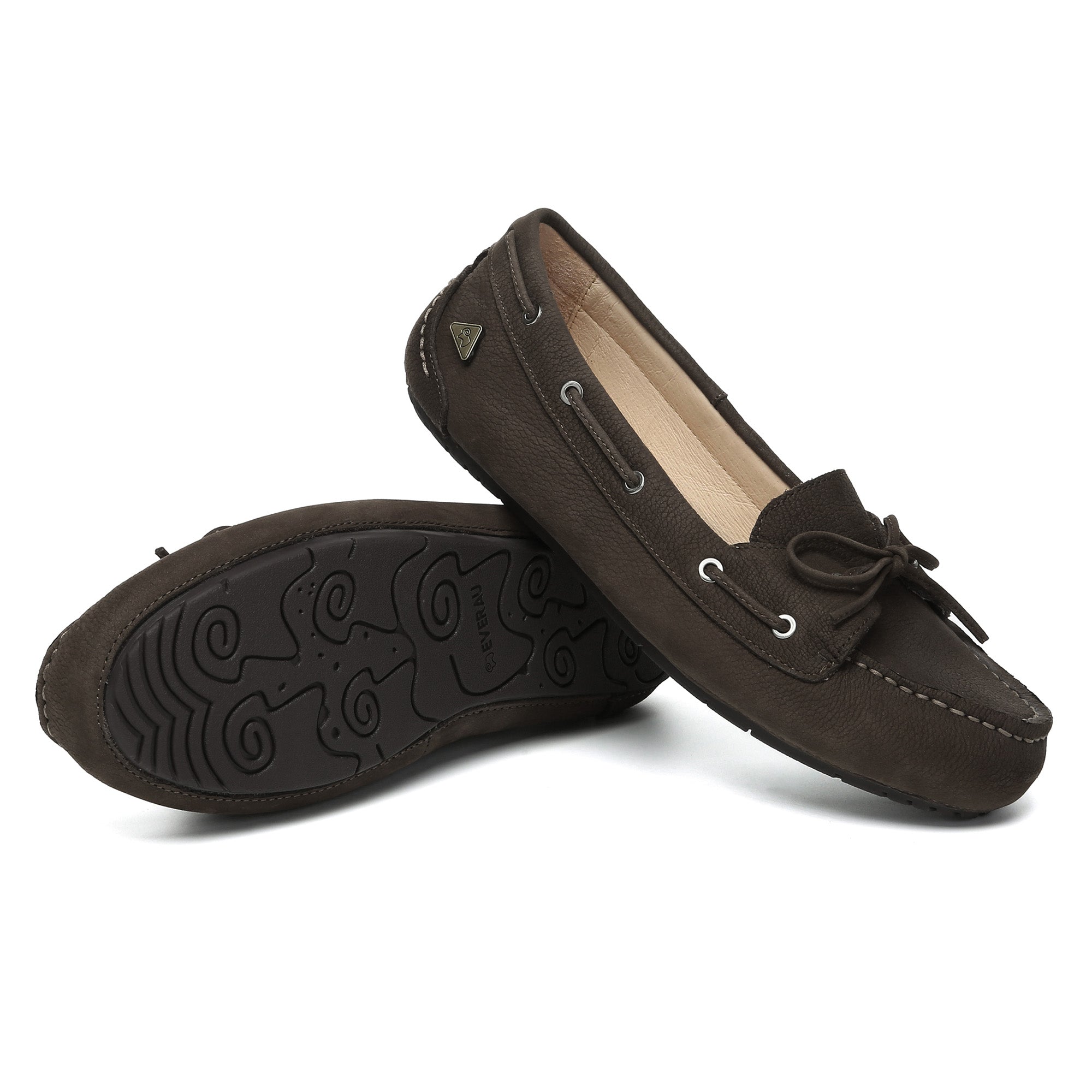 EverUgg Monty casual leather loafer moccasins flats, stylish brown slip-on footwear with stitching details and a comfortable design.