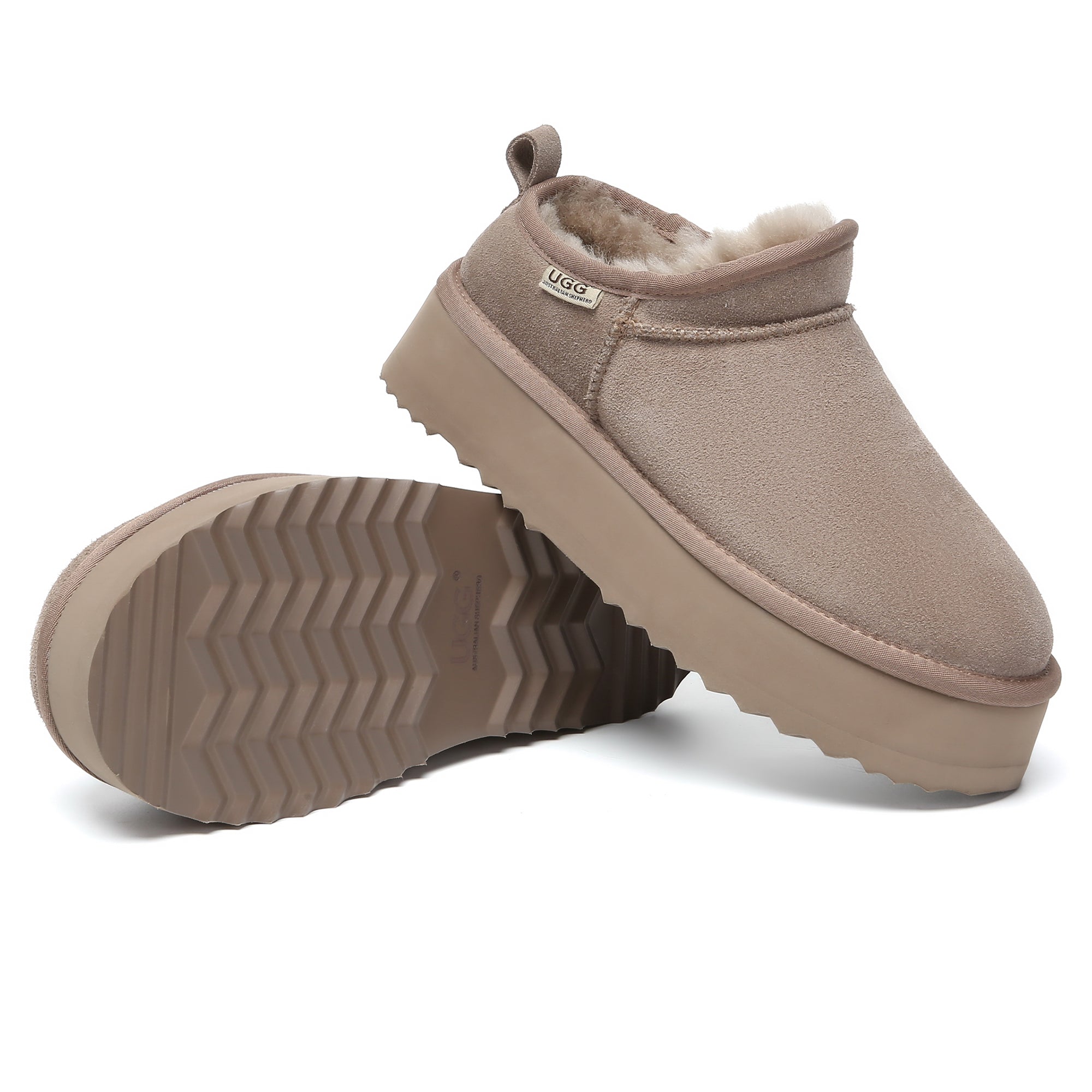 EverUgg Nano Classic Ankle UGG platform boots for women, featuring suede exterior, plush lining, and chunky rubber sole.